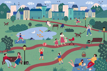 Spring park. Picnic in green forest. Outdoor healthy sport. Eco travel on lake. Fitness tourism. Urban landscape. People walking in nature. Kids play with ball. Vector illustration