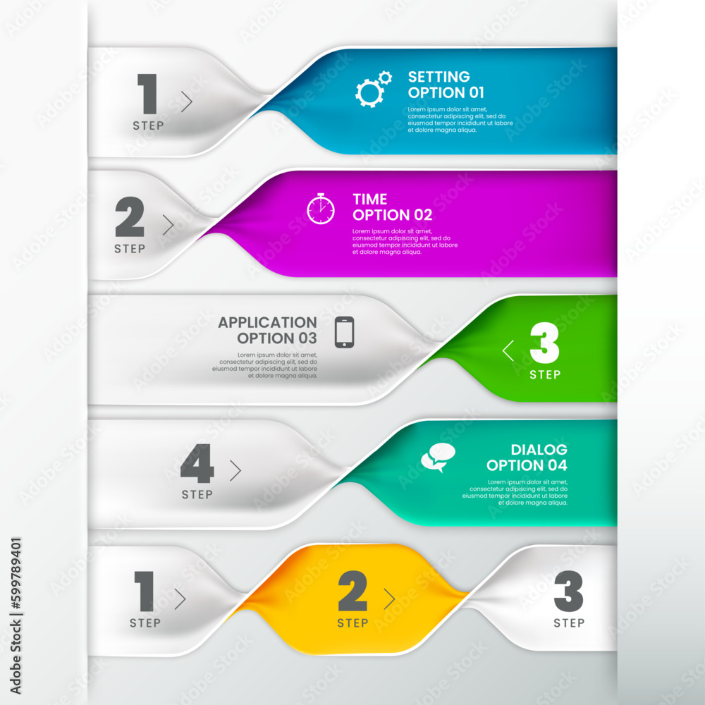 Aufkleber Spiral banners. Step process diagram. Business presentation design. Flowchart infographic. Website background or label template. Abstract twisted ribbon layout. Vector timeline chart