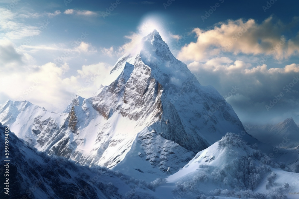 Poster A snowy mountain peak with skiers visible on the slopes.  Generative AI technology..