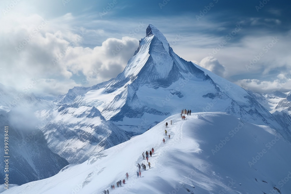 Poster A snowy mountain peak with skiers visible on the slopes.  Generative AI technology..