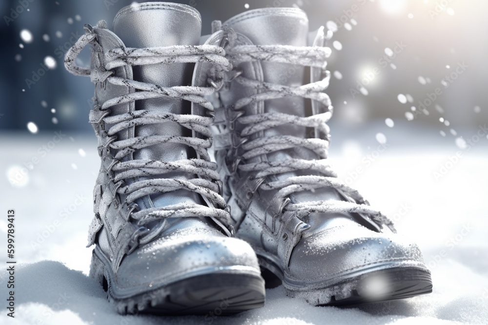 Poster A close-up of a pair of snow boots with snowflakes on them. Generative AI technology..