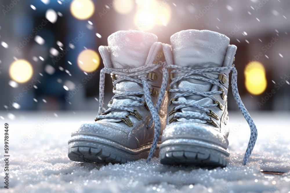 Poster A close-up of a pair of snow boots with snowflakes on them. Generative AI technology..