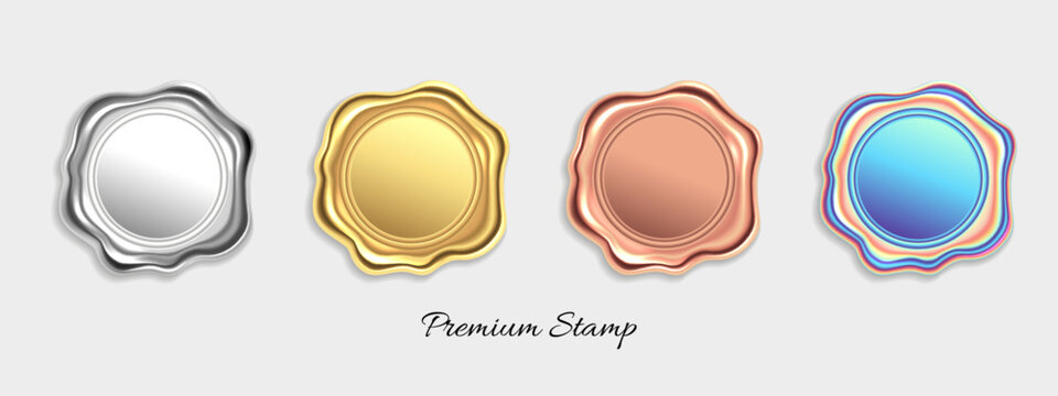 Gold, silver seal stamp. Wax certificate luxury label, bronze or golden award icon, warranty mark or guarantee tag, certificate or envelope emblem. 3D isolated design elements. Vector icons set
