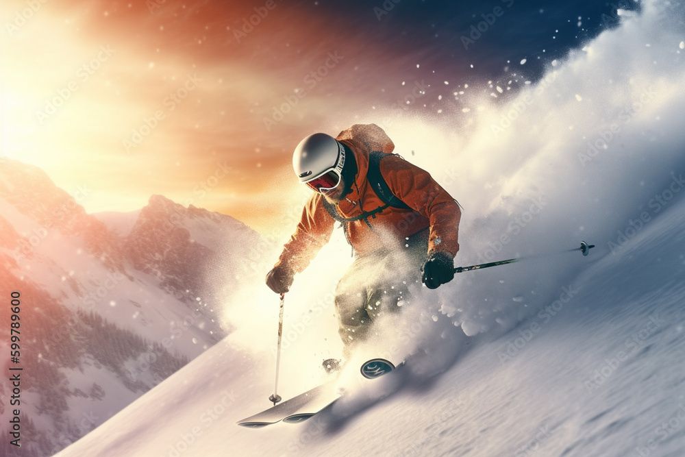 Poster a person skiing or snowboarding down a snowy slope. generative ai technology..