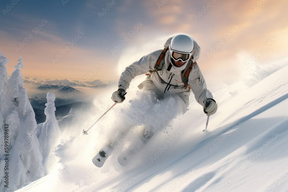 Poster a person skiing or snowboarding down a snowy slope. generative ai technology..