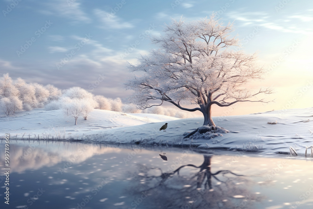 Aufkleber A winter landscape with a lone tree or bird perched on a branch.  Generative AI technology..