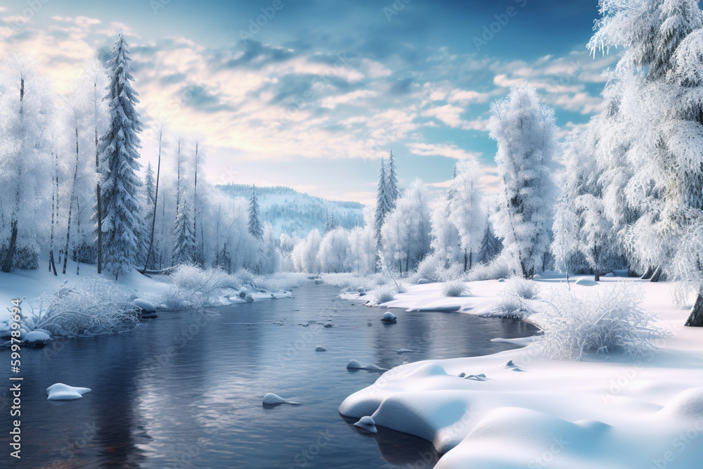Poster A frozen lake or river with snow-covered trees in the background. Generative AI technology..