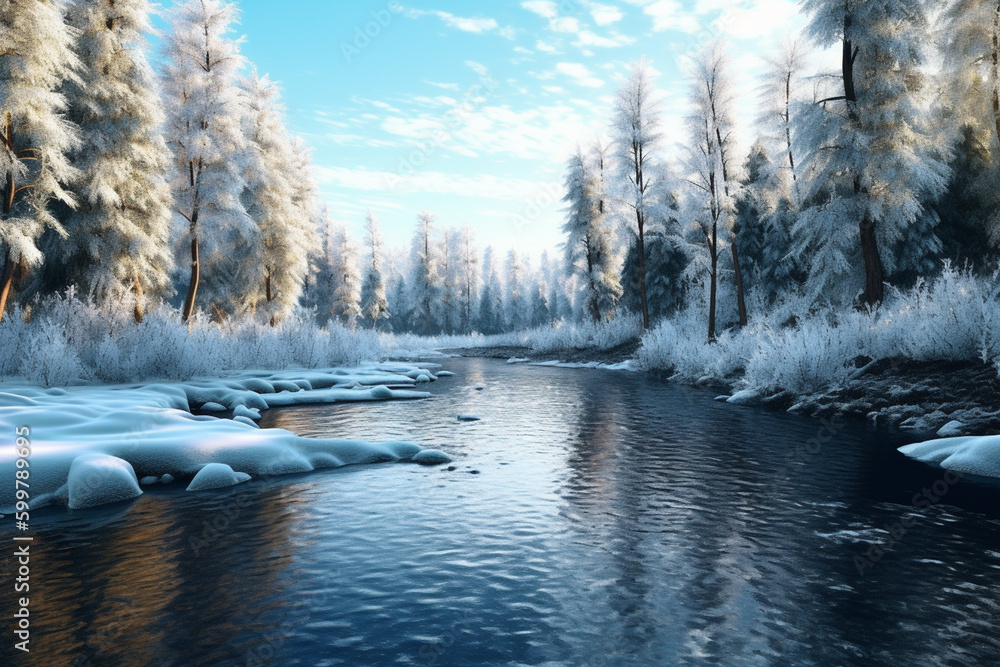 Aufkleber A frozen lake or river with snow-covered trees in the background. Generative AI technology..