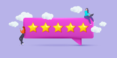 3d stars on speech bubble, consumer review. Customers rate, comments in survey, service experience, assessment or feedback concept, user questionnaire. Vector cartoon people, clients satisfaction