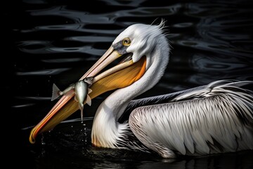 Fototapeta na wymiar A large pelican sits in the water and eats fish, generative AI