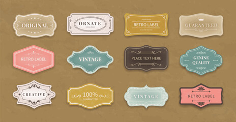 Label frame. Retro border design. Ornate flourish pattern. Vintage sign. Logo sticker elements with decor and ribbon. Quality guarantee card. Art deco tags set. Vector template collection