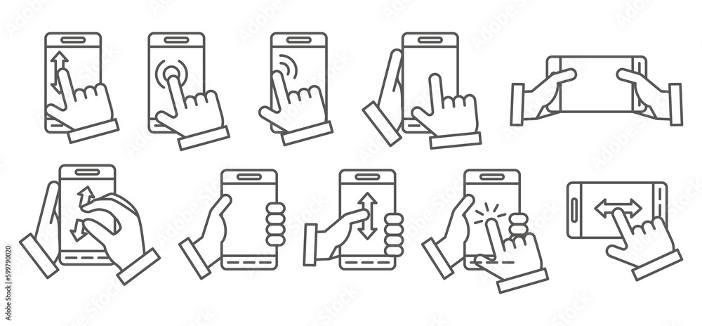 Aufkleber tap and press on smartphone black icons. mobile screen touching with fingers. application control. c