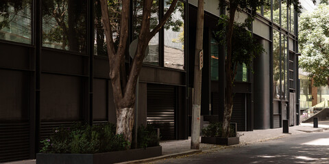 facade of a modern building covered in shade and trees