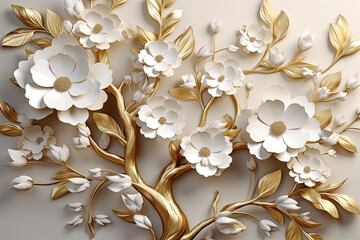 3d wallpaper floral tree background with white flower leaves and golden stem. interior wall home decor