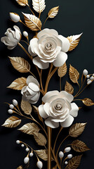 3d wallpaper floral tree background with white flower leaves and golden stem. interior wall home decor