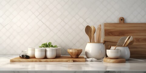 Obraz na płótnie Canvas Minimal white marble kitchen countertop with wooden utensils, ceramic bowl in basket in morning sunlight on white square tile wall for cooking, With Generative AI technology