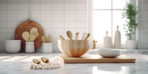 Fototapeta na wymiar Minimal white marble kitchen countertop with wooden utensils, ceramic bowl in basket in morning sunlight on white square tile wall for cooking, With Generative AI technology