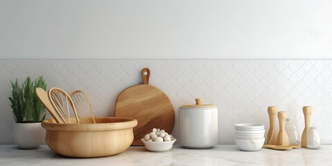 Fototapeta na wymiar Minimal white marble kitchen countertop with wooden utensils, ceramic bowl in basket in morning sunlight on white square tile wall for cooking, With Generative AI technology