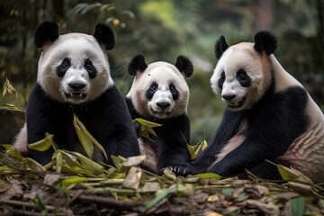 Three pandas are sitting in the park and eating bamboo, generative AI.