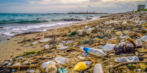 Fototapeta na wymiar beach full of garbage and plastic waste banner for environmental recycle concepts Generative AI