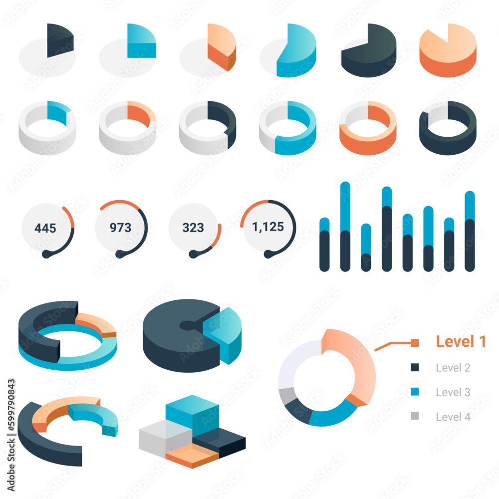 Poster Graphic charts. Statistic bars and circle diagrams for data presentation. Comparison histogram. Colorful analytic graphs. Business information visualization. Vector infographics set