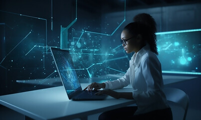 Black woman in a futuristic holographic office using high tech laptop, researching AI on the web