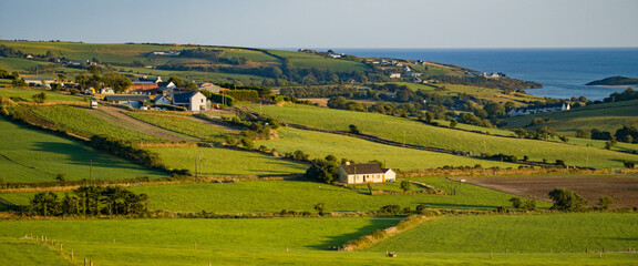 farm fields in the Ireland on a summer evening. Agricultural Irish landscape. Pastures for livestock, house on green grass field.