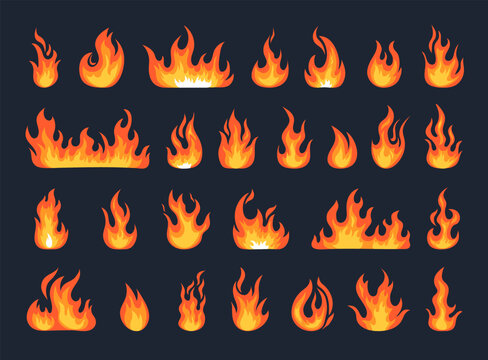 Flame set, fire burn. Fireball heat, hell or hot red elements, flammable ignition silhouette, bonfire motion icons, orange light energy. Vector cartoon illustration isolated on black background