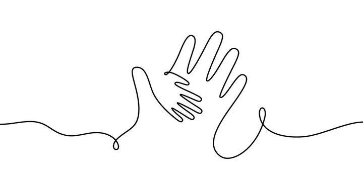 Child hand in parent hand one line illustration