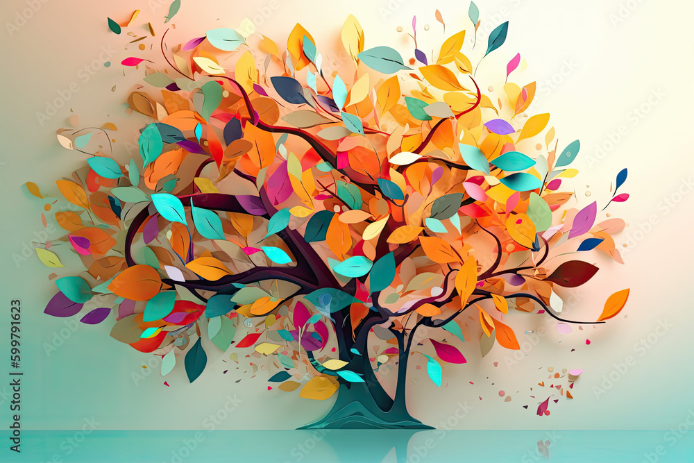 Wall mural colorful tree with leaves on hanging branches illustration background