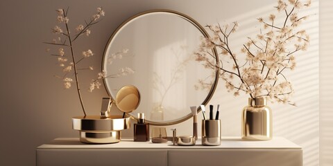 Empty modern, minimal beige dressing table, gold handle drawer storage, twig glass vase, round vanity mirror in cream wall bedroom in sunlight for luxury beauty With Generative AI technology