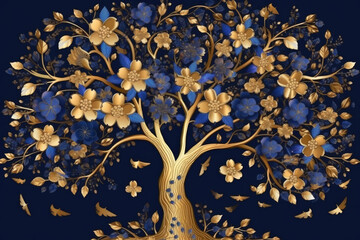 Elegant gold and royal blue floral tree with seamless leaves and flowers hanging branches illustration background