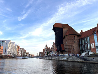 Fototapeta premium Gdansk old city in Poland with the oldest medieval port crane (Zuraw) in Europe. Old Town in Gdansk, Poland