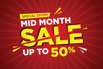 Mid month sale poster or banner vector template design. Big sale event on the red background. Ads for web, social media, shopping online.