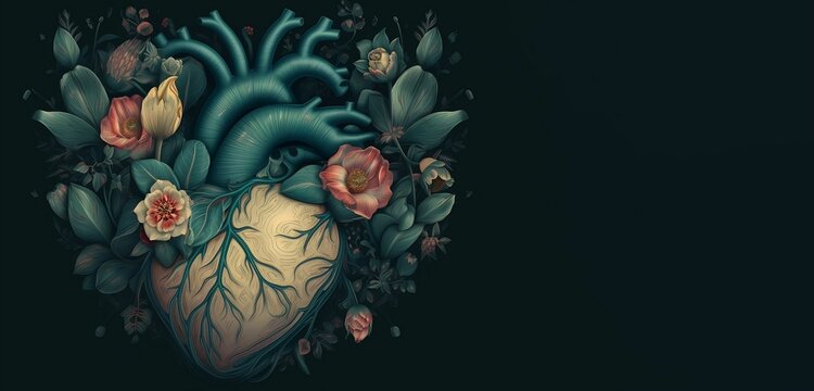 A black background with a heart and flowers. Genarative ai