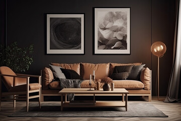  frames mockup with dark sofa in a modern living room interior