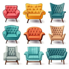 Collection Set of red blue and yellow retro vantage armchairs cutouts single seat sofas isolated  - Generative AI
