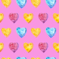 Seamless pattern of watercolor pink, yellow and blue hearts. Hand drawn illustration. Hand painted elements on pink background.