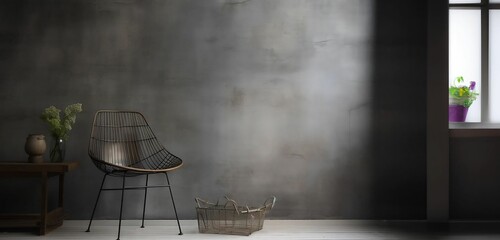 A chair in front of a grey wall with a basket in the corner. Genarative ai