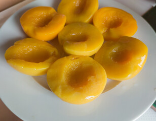 Plate of peaches halves in syrup