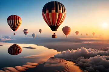 hot air balloon over sunset - obrazy, fototapety, plakaty