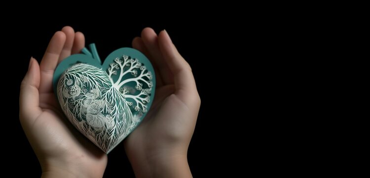 A hand holding a heart with a tree on it