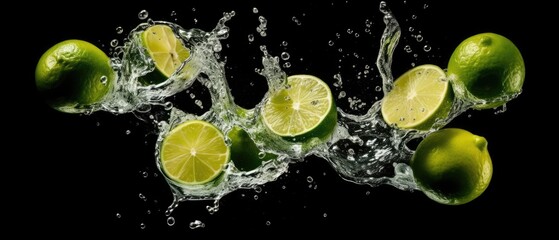 Fototapeta na wymiar Limes with water splash on black background ,Generative AI