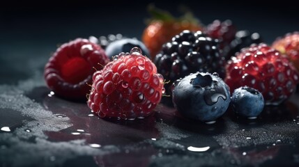 Fresh Mix Berry on black table, Generative AI