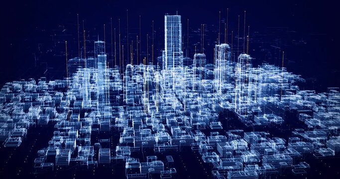 Holographic 3D Smart City Covered By High Speed Internet With Optical Fibers. Technology Related 3D Animation.