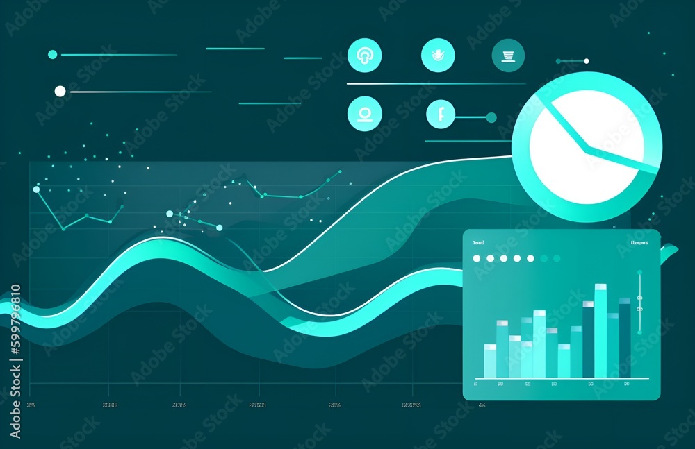 Poster illustration in a teal color scheme representing website traffic,analytic,chart view integration ,ch