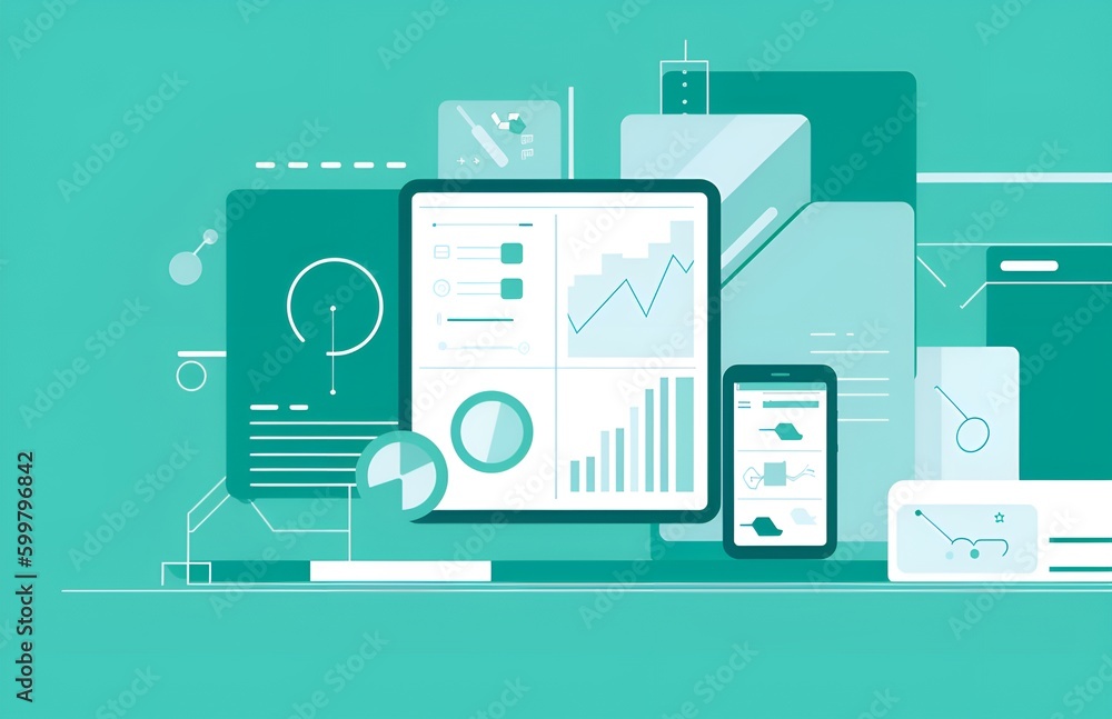 Poster illustration in a teal color scheme representing website traffic,analytic,chart view integration ,ch