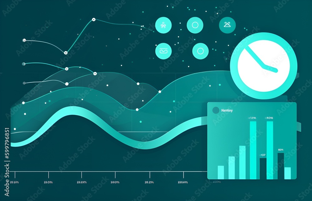 Poster illustration in a teal color scheme representing website traffic,analytic,chart view integration ,ch