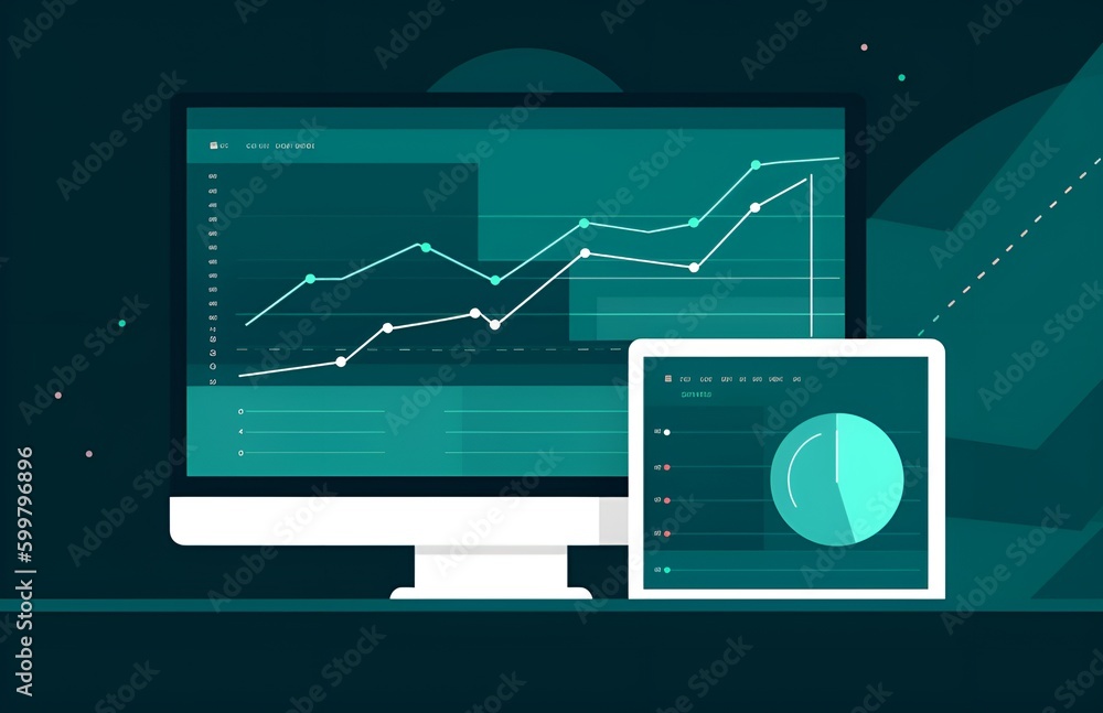 Poster illustration in a teal color scheme representing website traffic,analytic,chart view integration ,ch