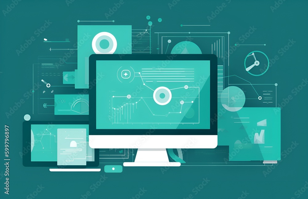 Wall mural illustration in a teal color scheme representing website traffic,analytic,chart view integration ,chart analysis